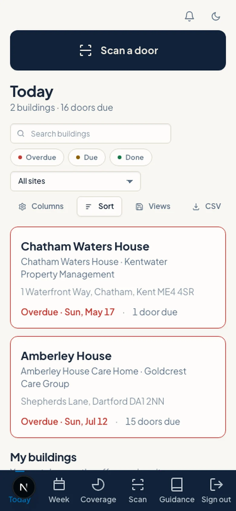 Inspection OS engineer app — the Today view, showing the day's jobs on site